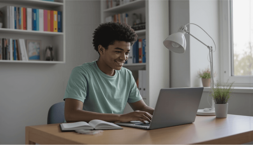 Lycéen qui prend des cours particuliers en visio