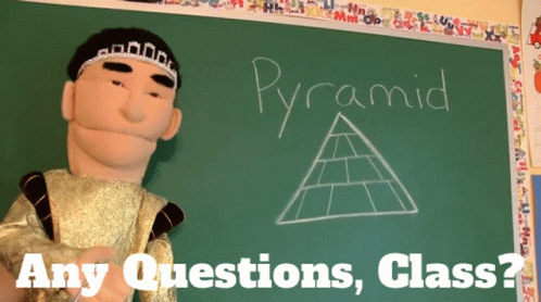 marionnette devant un tableau avec la pyramide de kelsen