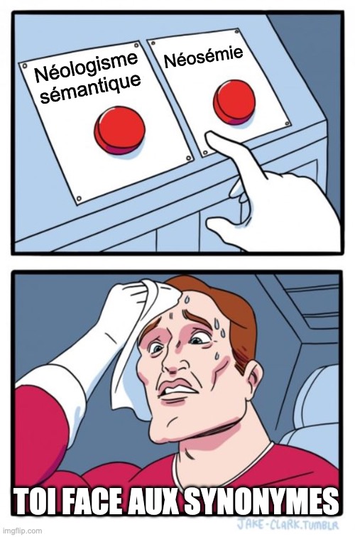 homme qui s'inquiète et se touche le front avec écrit "toi face aux synonymes"
