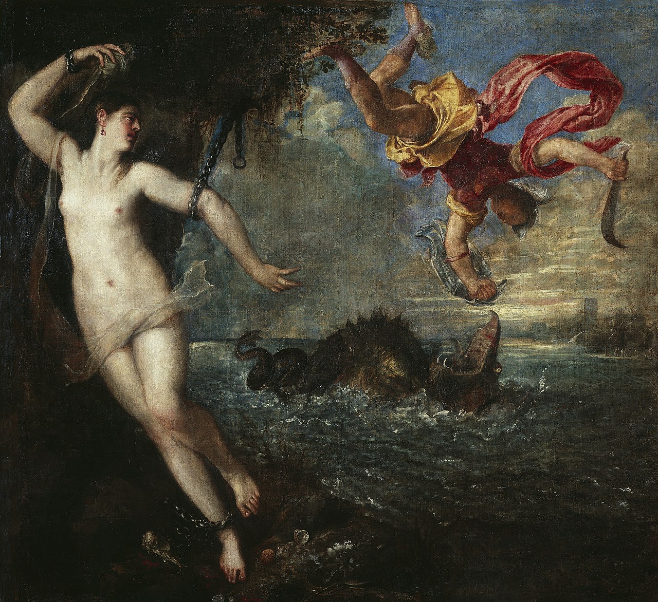 andromède attachée au rocher sauvée par persée, peinture de Titian