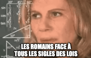 Personne qui réfléchit avec le texte "les romains face à tous les sigles des lois"
