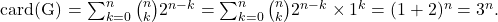 \[    $card(G) = \sum_{k=0}^n \binom{n}{k} 2^{n-k} = \sum_{k=0}^n \binom{n}{k} 2^{n-k}\times 1^k = (1+2)^n = 3^n$. \]