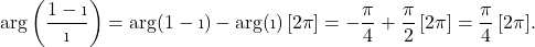 \[\displaystyle\arg\left(\dfrac{1-\i}{\i}\right)=\arg(1-\i)-\arg(\i)\,[2\pi]=-\dfrac{\pi}{4}+\dfrac{\pi}{2}\,[2\pi]=\dfrac{\pi}{4}\,[2\pi].\]