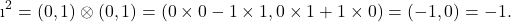 \[\i^2=(0,1)\otimes (0,1)=(0\times 0-1\times 1, 0\times 1+1\times 0)=(-1,0)=-1.\]