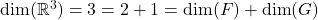 \mathrm{dim}(\mathbb{R}^3)=3=2+1=\mathrm{dim}(F)+\mathrm{dim}(G)