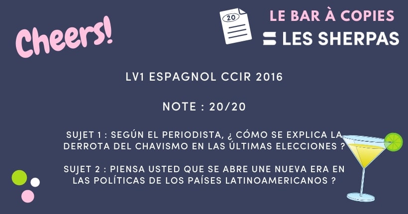Corrigé de LV1 Espagnol CCIR 2016 noté 20/20 