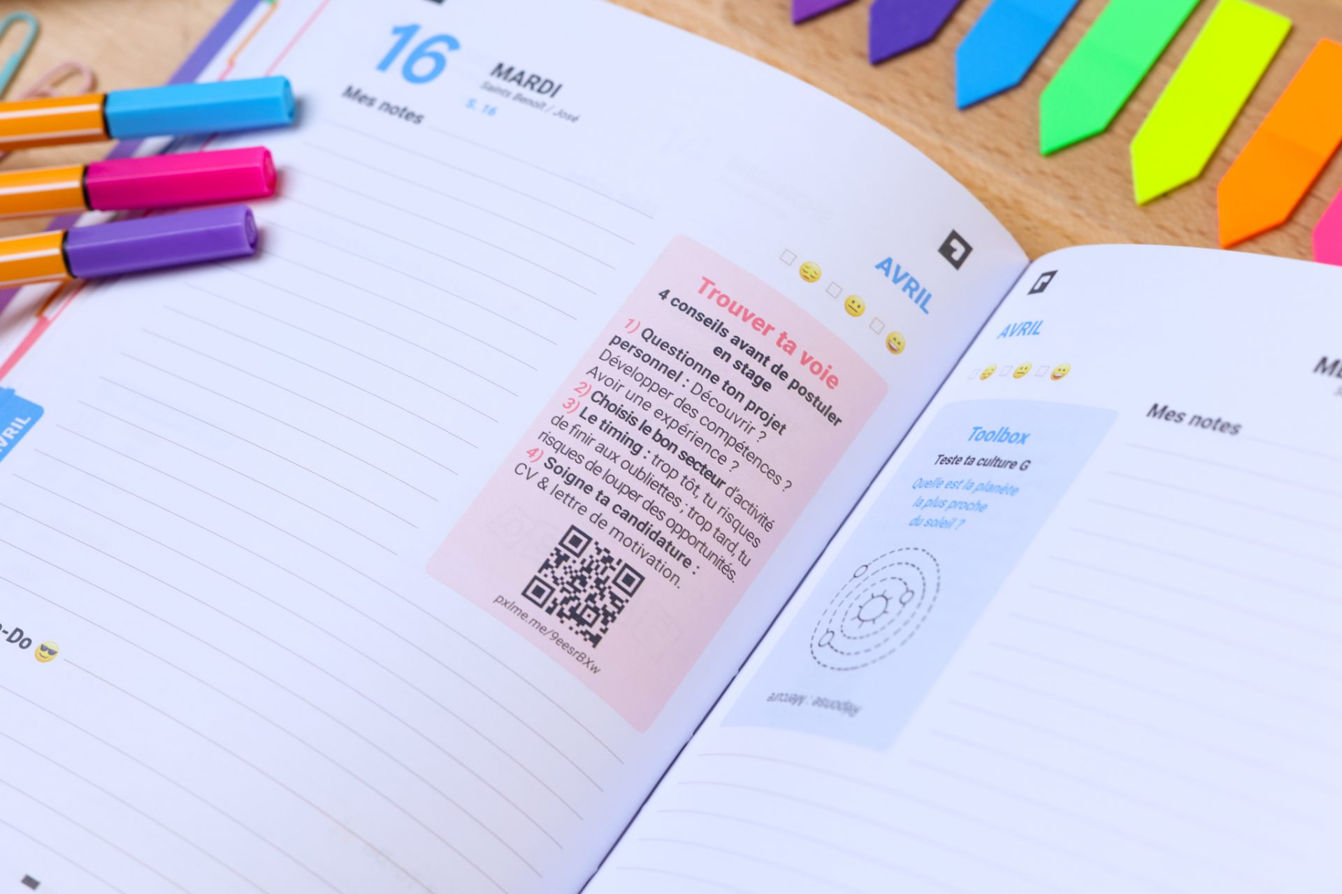 Informations pratique et QR code pour college et lycée dans l'agenda les Sherpas