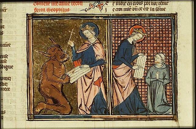 Marie reprend le contrat au diable et le donne à Théophile, Jean de Senlis, 1327