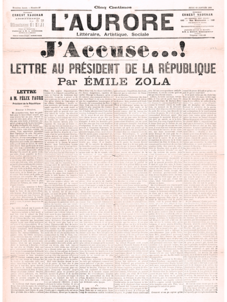 Article du journal « l'Aurore » où il y a la lettre ouverte « J'accuse » de Zola.