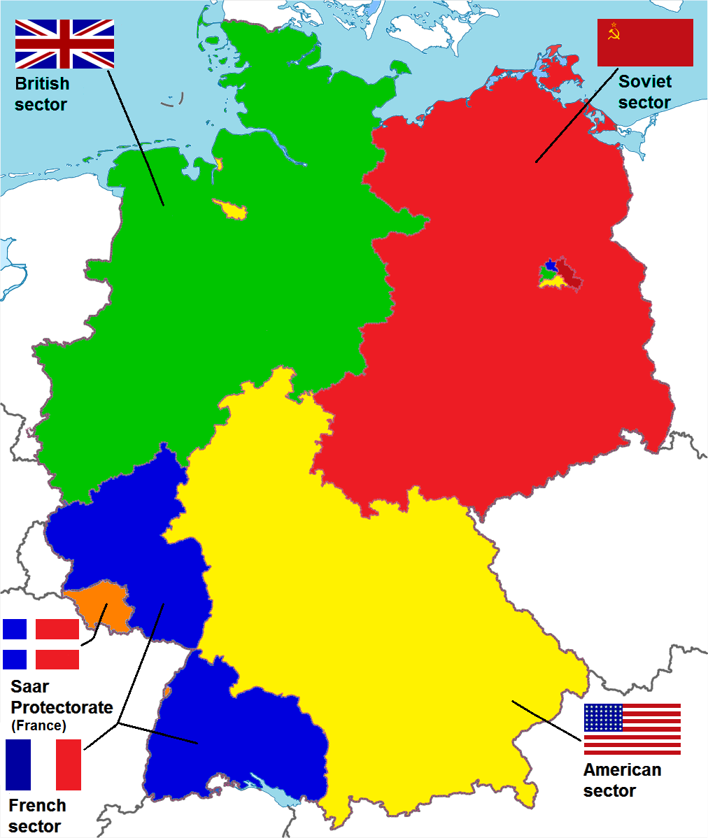 Cette carte montre les quatre zones d'occupation de l'Allemagne et de la capitale Berlin.