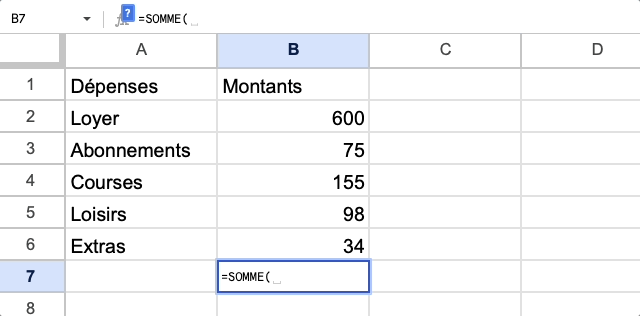 Exemple de l'utilisation de la formule =SOMME dans un tableau Excel