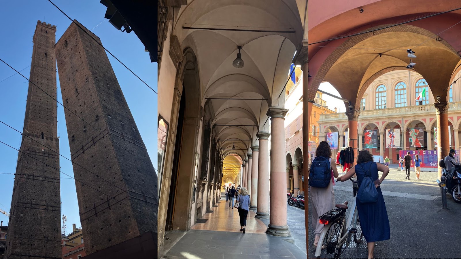 À gauche, le torre degli asinelli, ou “la tour des ânes”, connues pour être penchées. Elles offrent une vue imprenable sur tout Bologne.