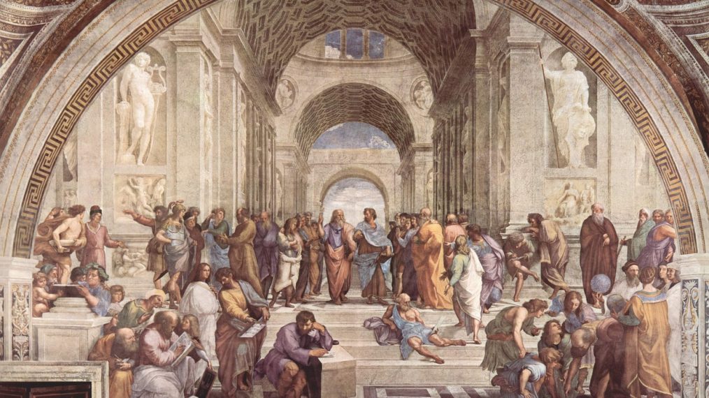 Peinture montrant l'École d'Athènes lors de la Grèce Antique