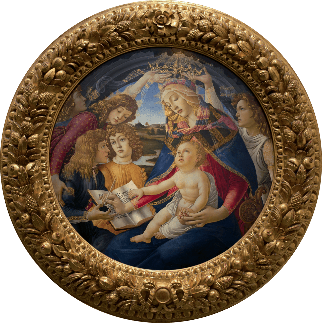 Cette image montre La Madone du Magnificat (ou Madonna with the Magnificat), une œuvre de Sandro Botticelli, peinte vers 1481-1482. Elle représente la Vierge Marie, assise avec l'Enfant Jésus sur ses genoux. Au-dessus d'elle, des anges couronnent Marie et lui remettent un diadème. À côté de la Vierge, plusieurs anges et saints sont présents, dont un qui tient un livre ouvert, illustrant probablement le Magnificat, un cantique biblique attribué à la Vierge Marie.
L’œuvre est encadrée par un ornement doré en forme de couronne de fleurs et de feuillage, accentuant la nature divine et royale de la scène. La scène est baignée dans une lumière douce, et la profondeur du paysage en arrière-plan montre des collines et un ciel clair, créant une atmosphère sereine et spirituelle. Les visages des anges et des personnages sont délicatement détaillés, caractéristique du style raffiné de la Renaissance italienne.