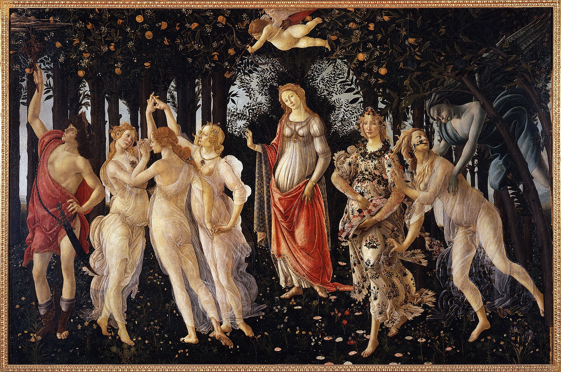 Cette image montre La Primavera de Botticelli, représentant des figures mythologiques dans un jardin printanier. Vénus, la déesse de l'amour, est entourée des trois Grâces dansantes. À gauche, Apollon tend la main vers un arbre, et à droite, Chloris se transforme en Flore. Un petit Cupidon vole au-dessus de la scène, symbolisant l'amour. L'arrière-plan est un jardin luxuriant, symbolisant la fertilité et le printemps.