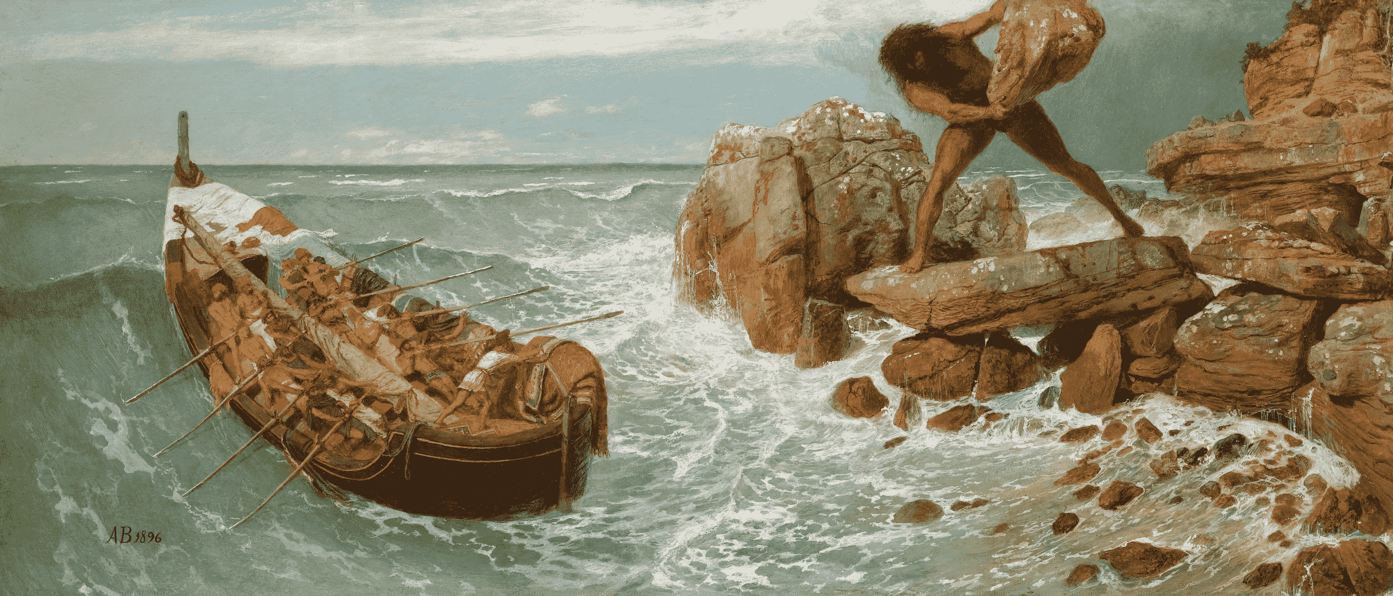 Polyphème jetant des rochers sur le navire d'Ulysse, toile d'Arnold Böcklin, 1896.