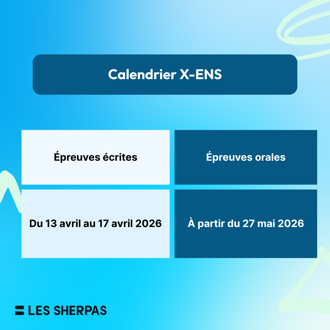 Calendrier X-ENS :
Ăpreuves Ă©crites du 13 avril au 17 avril 2026 et Ă©preuves orales Ă partir du 27 mai 2026