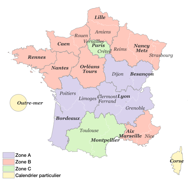 Carte des 3 zones scolaires (A, B et C) en France.