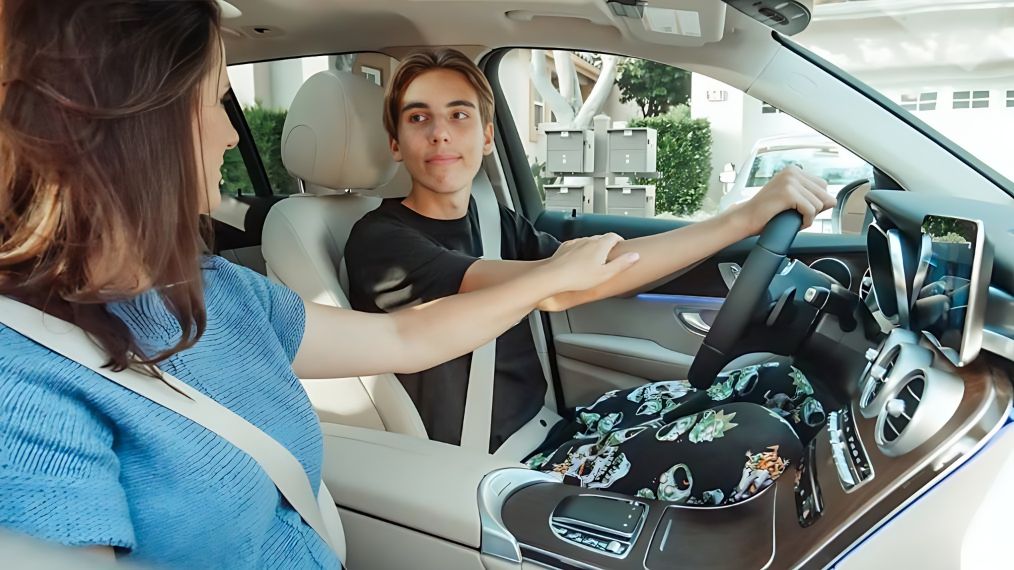 Une mère est avec son fils dans une voiture